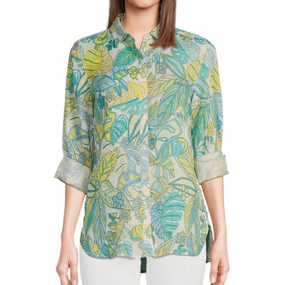 J McLaughlin Women’s Linen Shirt Aqua Yellow Tropical Print Button Down NWT $188 - Picture 1 of 15